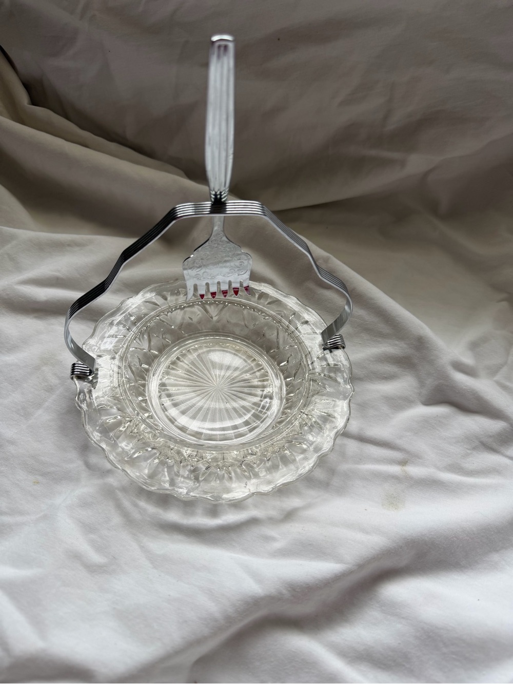 Clear Pressed Glass Serving Basket with Crome Handle
